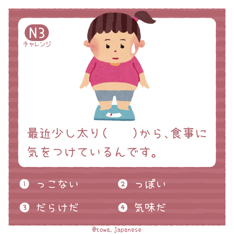 【N3】最近少し太り（　　）から、食事に気をつけているんです。