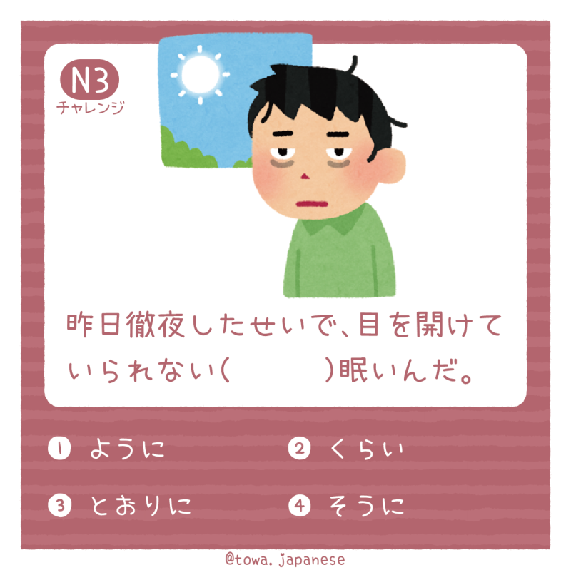 【N3】昨日徹夜したせいで、目を開けていられない（　　　）眠いんだ。