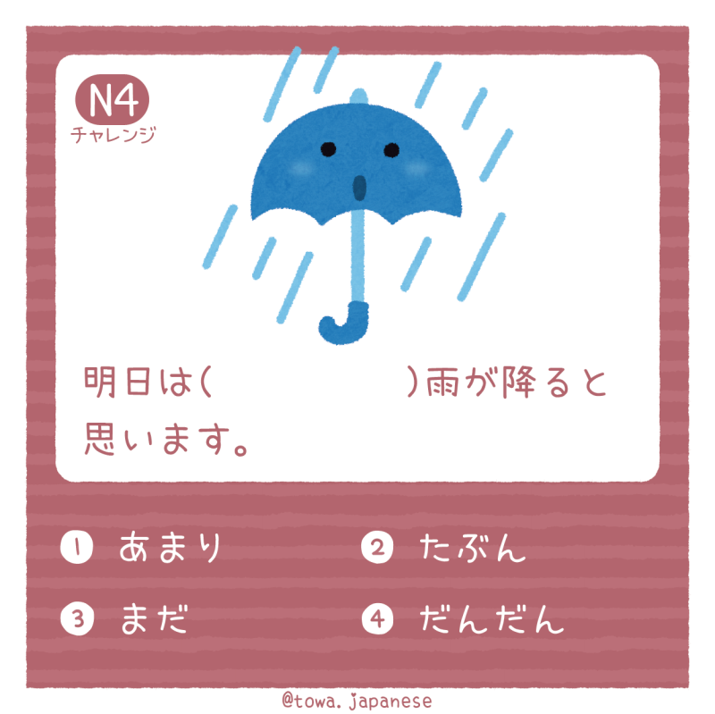 【N4】明日は（　　　　　）雨が降ると思います。