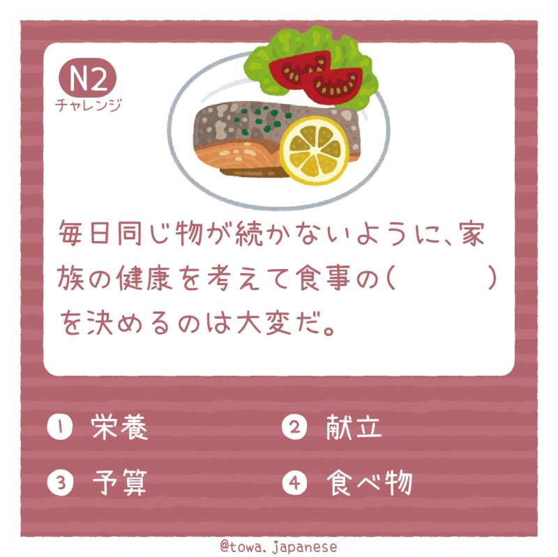 【N2】毎日同じ物が続かないように、家族の健康を考えて食事の（　　　）を決めるのは大変だ。