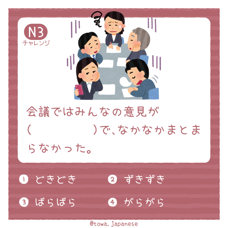 【N3】会議ではみんなの意見が（　　　　　）で、なかなかまとまらなかった。