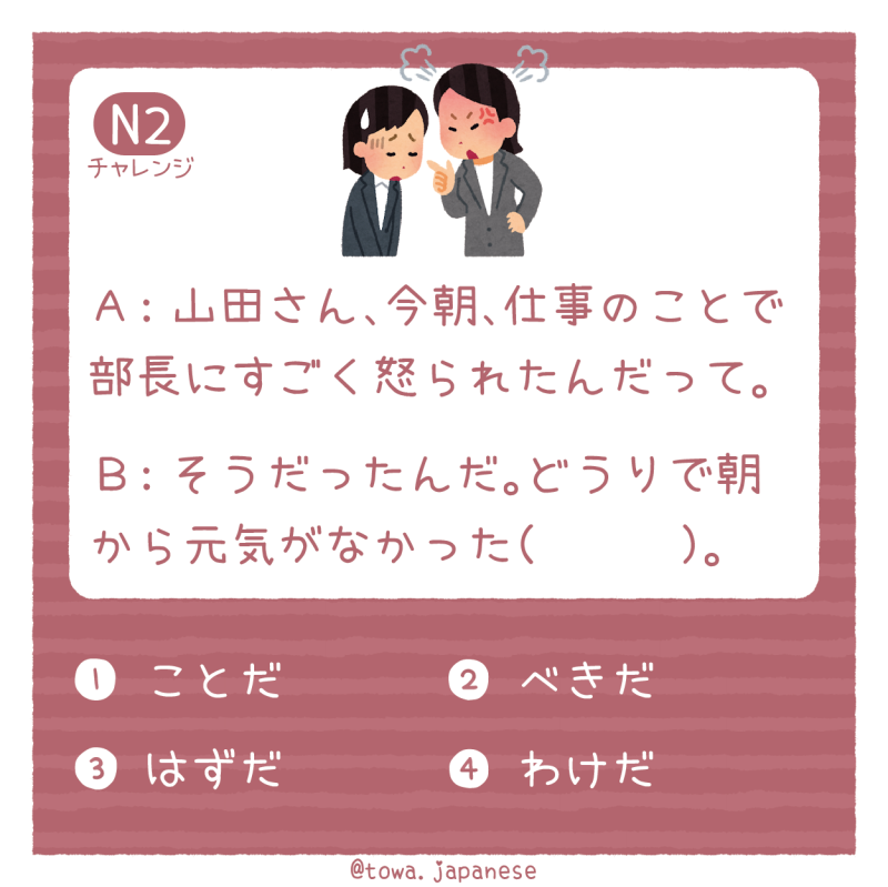 【N2】Ａ：山田さん、今朝、仕事のことで部長にすごく怒られたんだって。 Ｂ：そうだったんだ。どうりで朝から元気がなかった（　　　）。