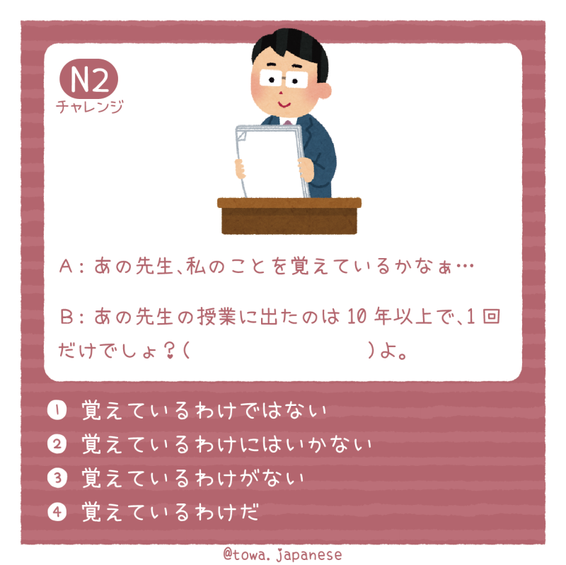 【N2】Ａ：あの先生、私のことを覚えているかなぁ… Ｂ：あの先生の授業に出たのは10年前で、1回だけでしょ？（           　　　）よ。