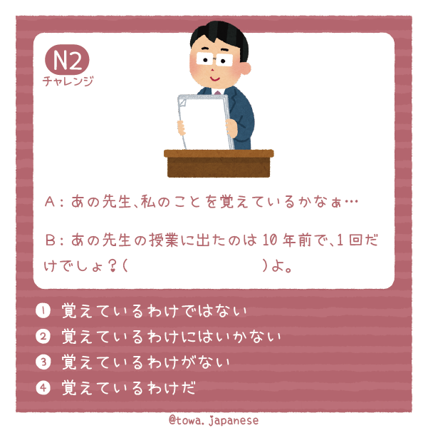 【N2】Ａ：あの先生、私のことを覚えているかなぁ… Ｂ：あの先生の授業に出たのは10年前で、1回だけでしょ？（           　　　）よ。