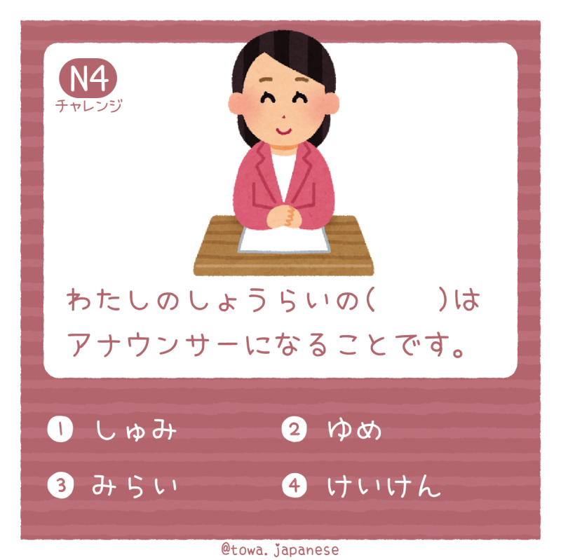 【N4】わたしのしょうらいの（　　）はアナウンサーになることです。