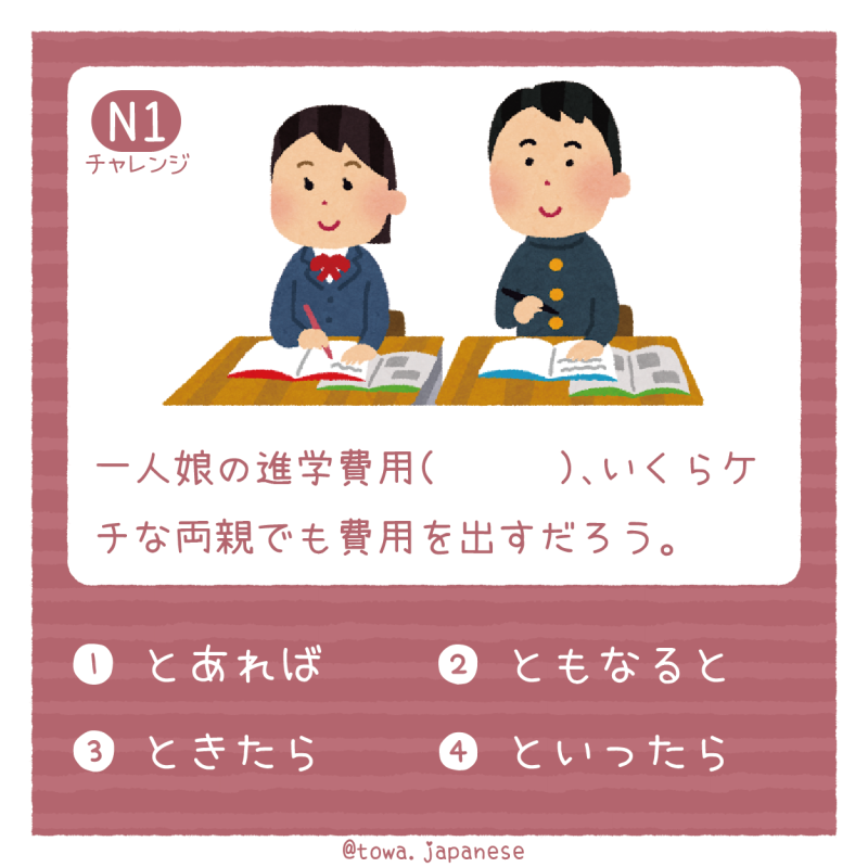【N1】一人娘の進学費用（　　　）、いくらケチな両親でも費用を出すだろう。