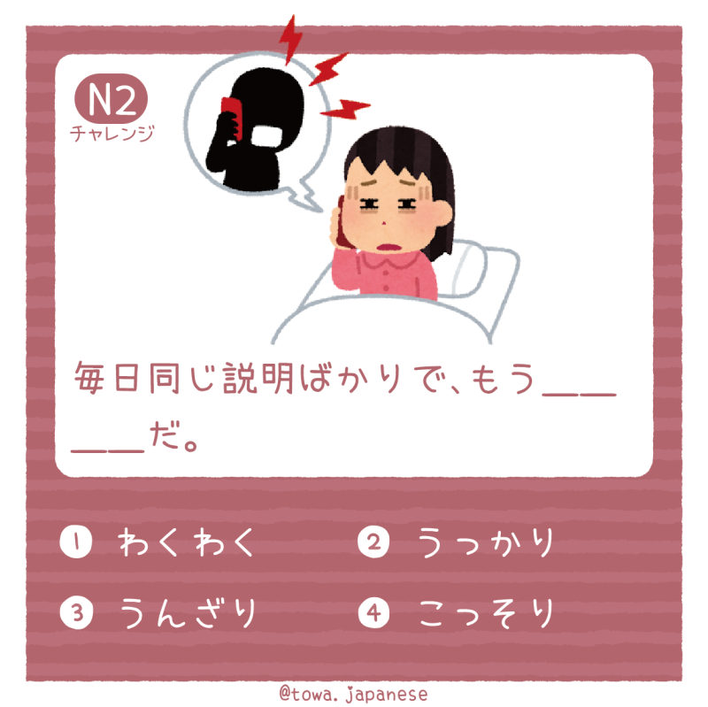 【N2】毎日同じ説明ばかりで、もう＿＿＿＿だ。
