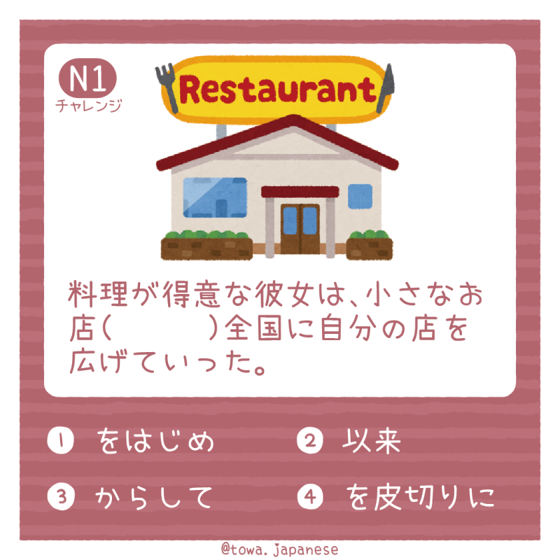 【N1】料理が得意な彼女は、小さなお店（　　　）全国に自分の店を広げていった。